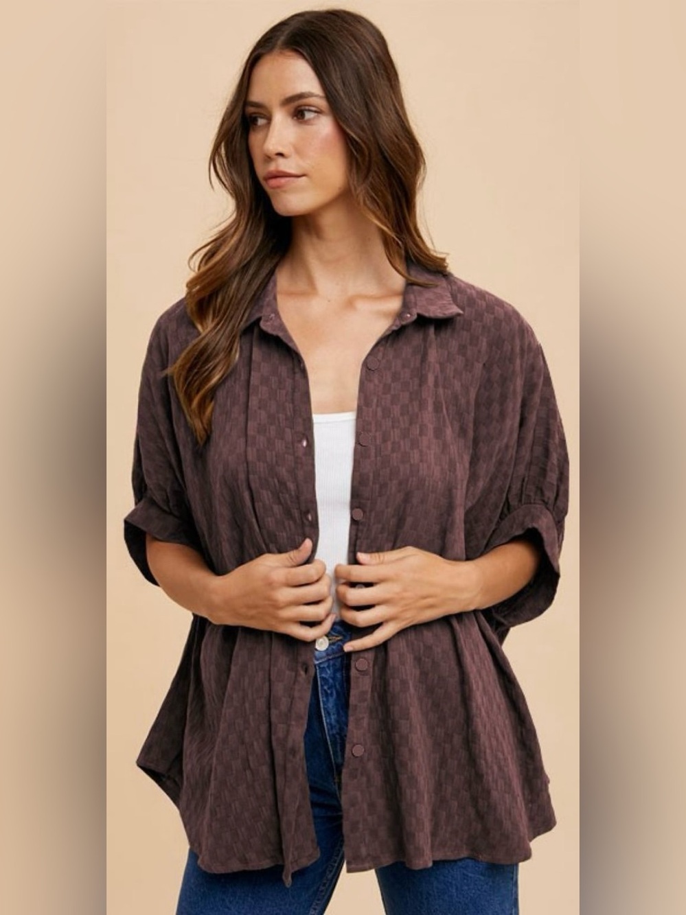 Annie Wear Checkered Button Up Half Sleeve Shirt Sz Small Oversized Lagenlook